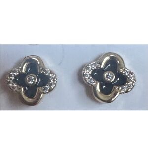 Gold and Black Floral Stud Earrings with Crystal Accent - Women Jewelry